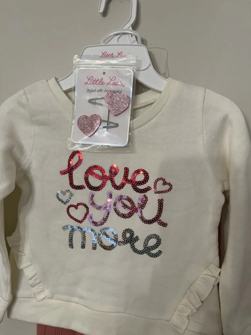 Little Lass "Love You More" Cream Sequin Sweatshirt & Pink Ribbed wide leg Set - Picture 2 of 4